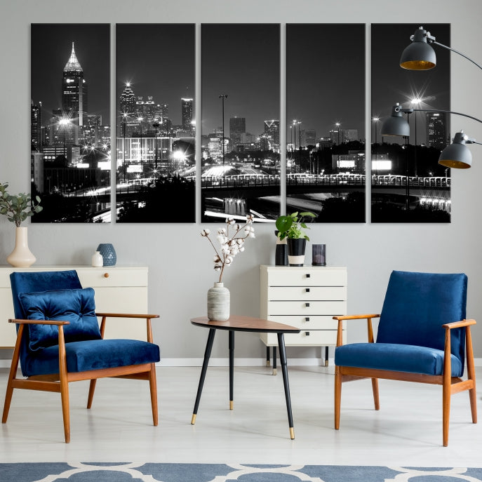 Large Black and White Atlanta Skyline Wall Art Cityscape Canvas Print