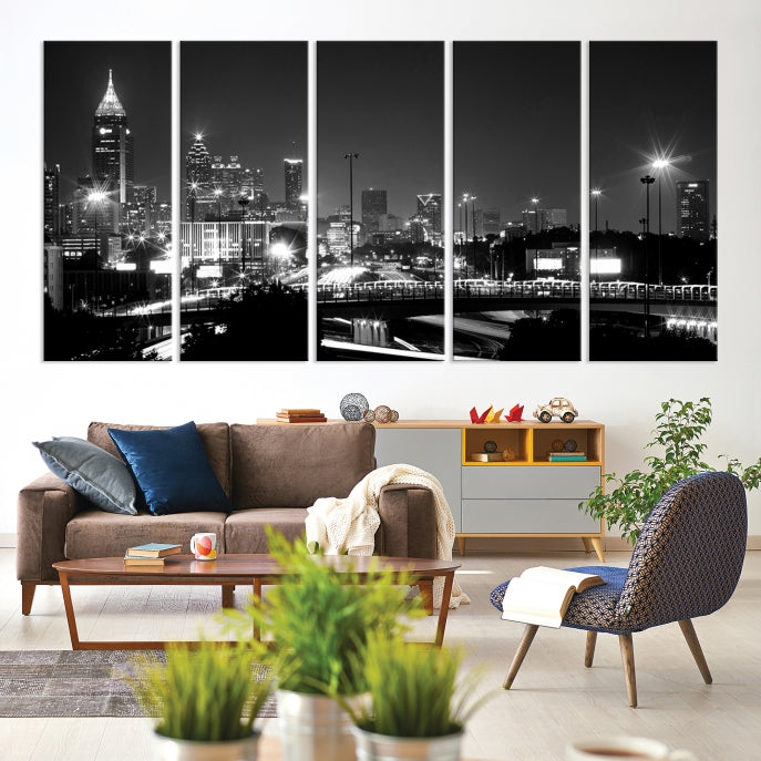 Large Black and White Atlanta Skyline Wall Art Cityscape Canvas Print