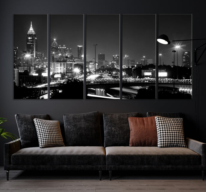 Large Black and White Atlanta Skyline Wall Art Cityscape Canvas Print