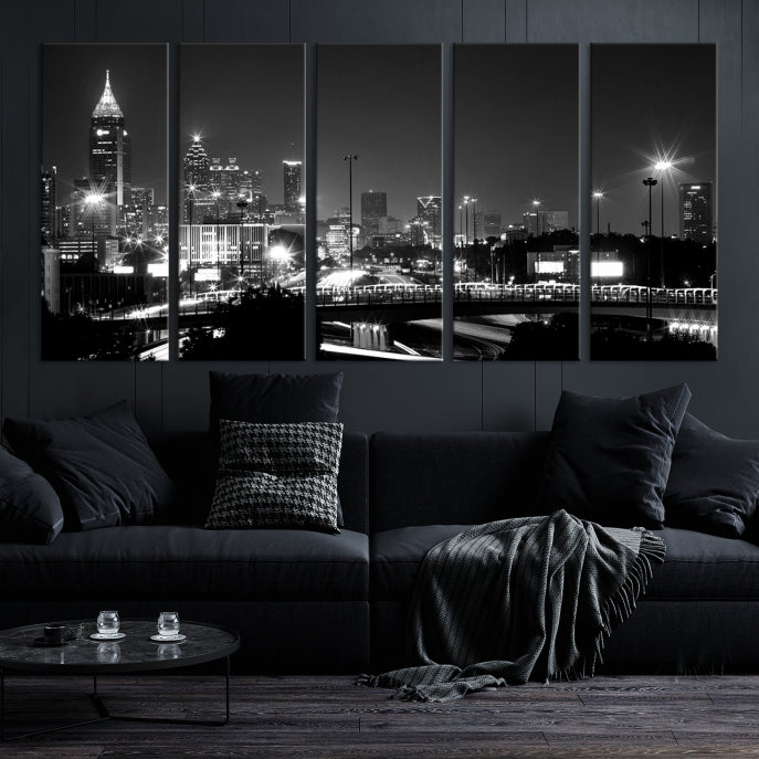 Large Black and White Atlanta Skyline Wall Art Cityscape Canvas Print