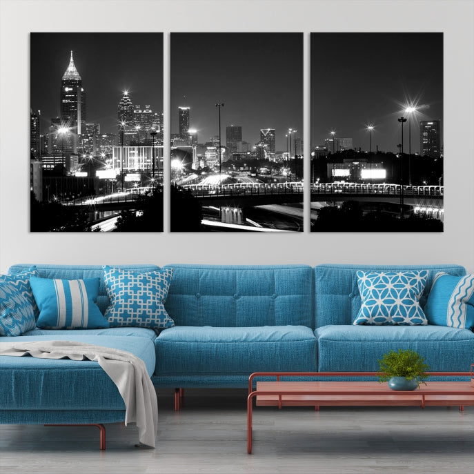 Large Black and White Atlanta Skyline Wall Art Cityscape Canvas Print