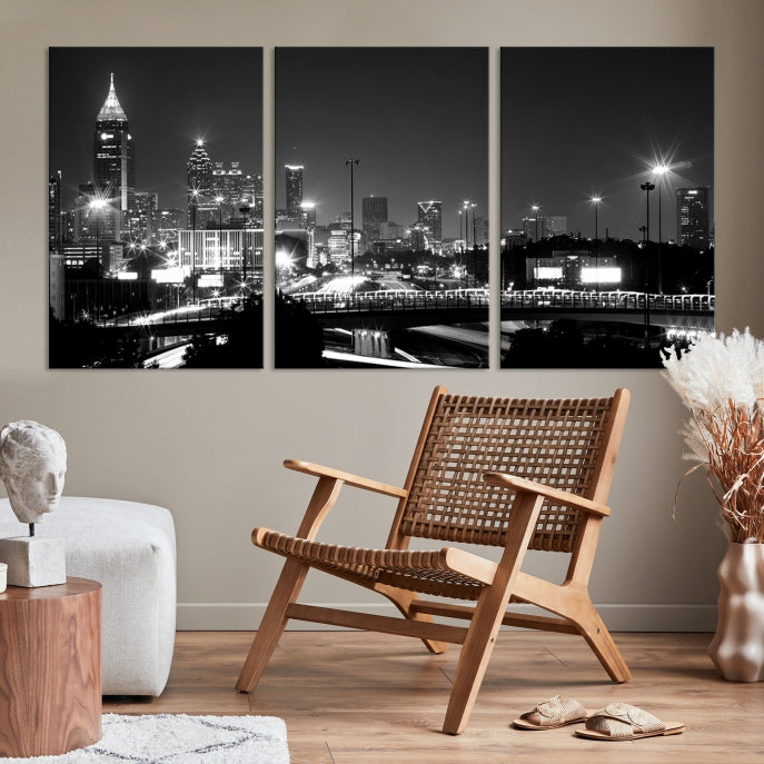 Large Black and White Atlanta Skyline Wall Art Cityscape Canvas Print