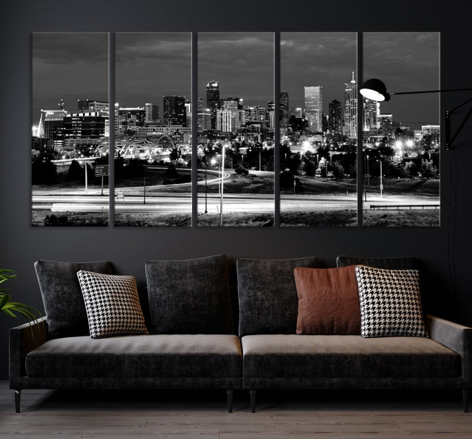 Large Black and White Denver Cityscape Skyline Canvas Wall Art Print