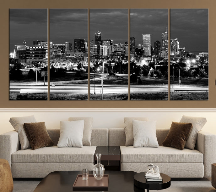 Large Black and White Denver Cityscape Skyline Canvas Wall Art Print