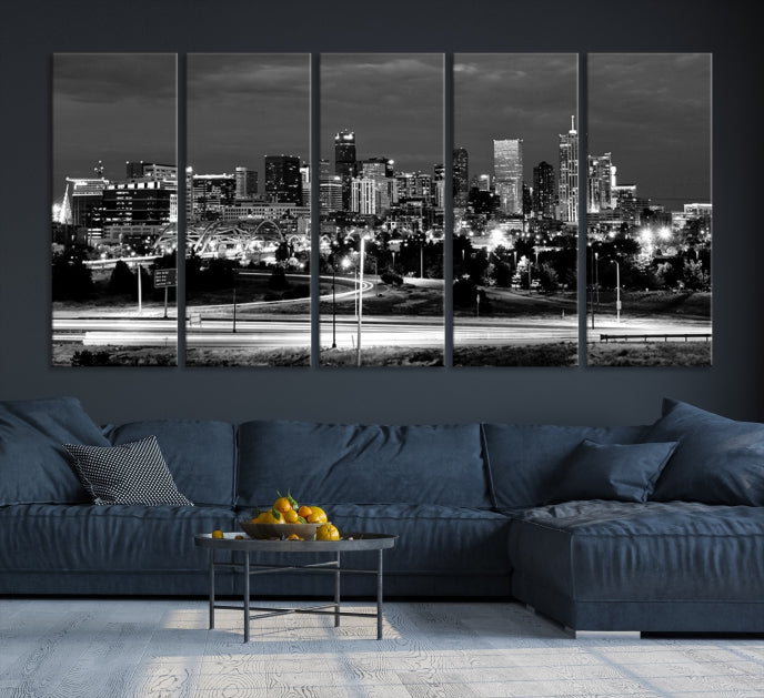 Large Black and White Denver Cityscape Skyline Canvas Wall Art Print