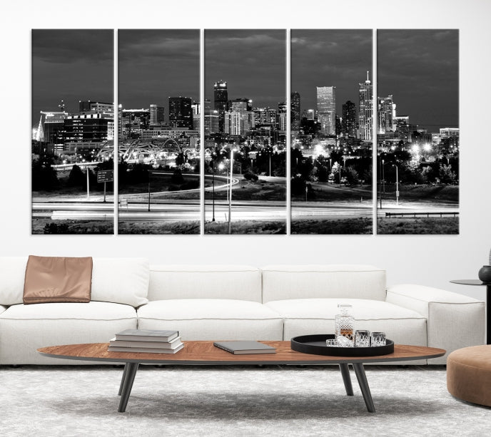 Large Black and White Denver Cityscape Skyline Canvas Wall Art Print