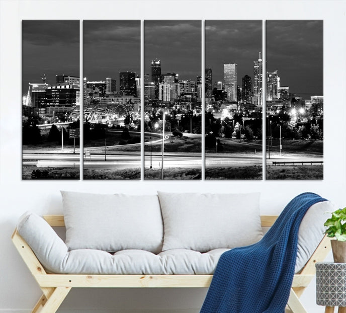 Large Black and White Denver Cityscape Skyline Canvas Wall Art Print