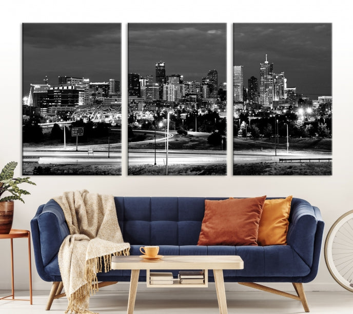 Large Black and White Denver Cityscape Skyline Canvas Wall Art Print