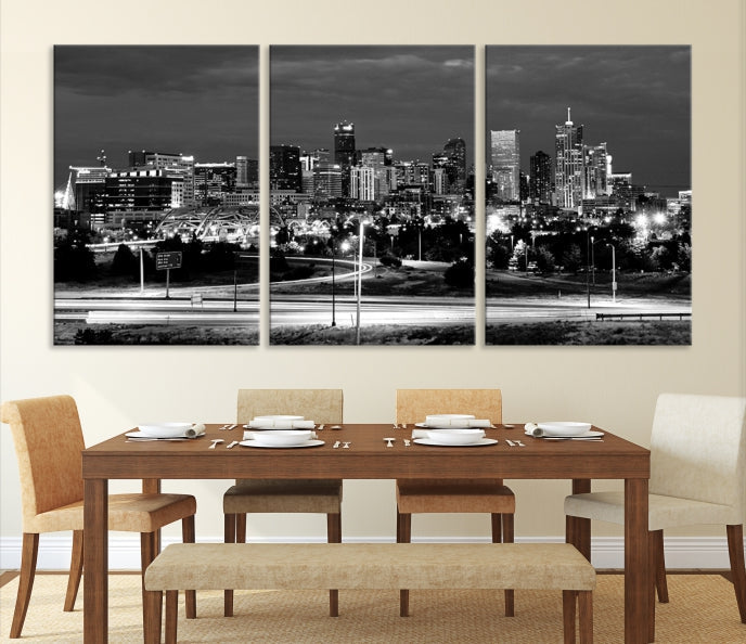 Large Black and White Denver Cityscape Skyline Canvas Wall Art Print