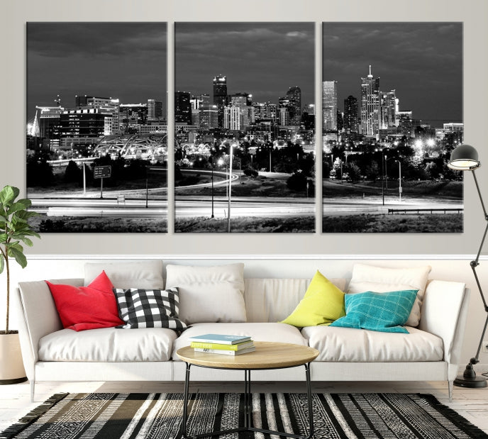 Large Black and White Denver Cityscape Skyline Canvas Wall Art Print