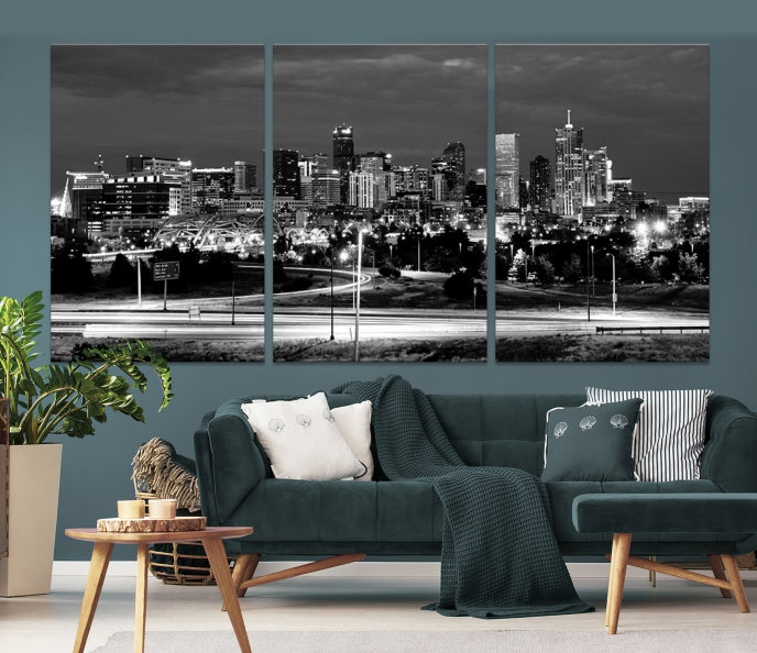 Large Black and White Denver Cityscape Skyline Canvas Wall Art Print