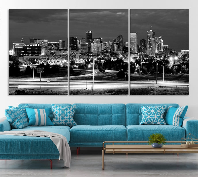 Large Black and White Denver Cityscape Skyline Canvas Wall Art Print