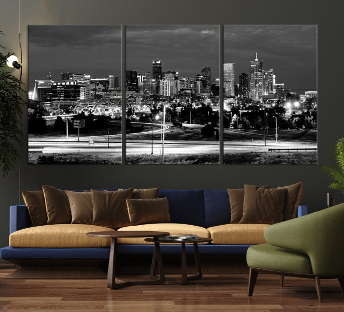 Large Black and White Denver Cityscape Skyline Canvas Wall Art Print