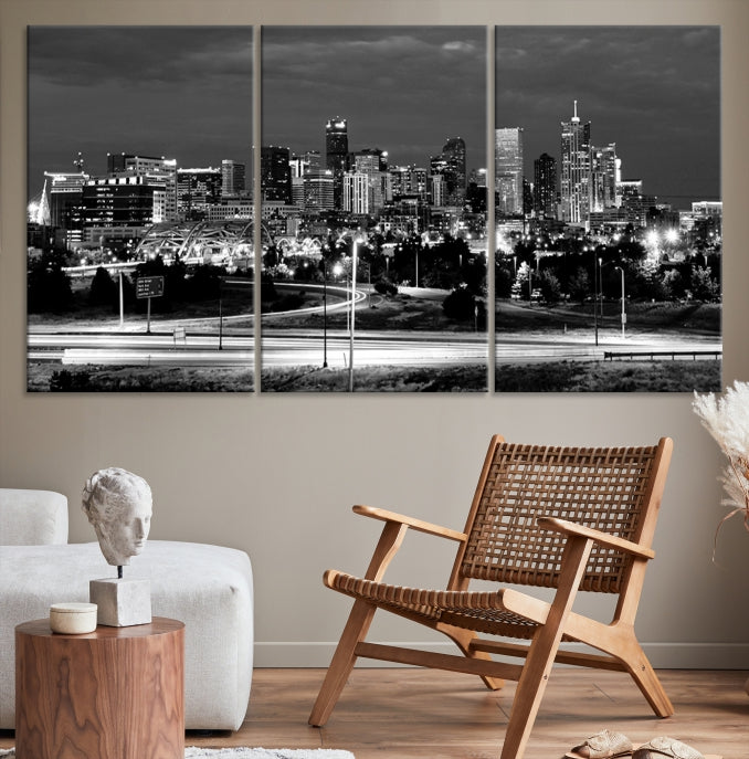 Large Black and White Denver Cityscape Skyline Canvas Wall Art Print