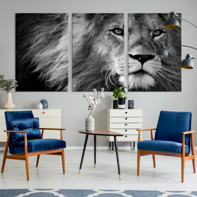 Large Black and White Lion Canvas Wall Art Print