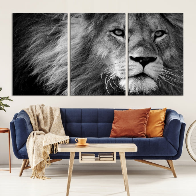 Large Black and White Lion Canvas Wall Art Print