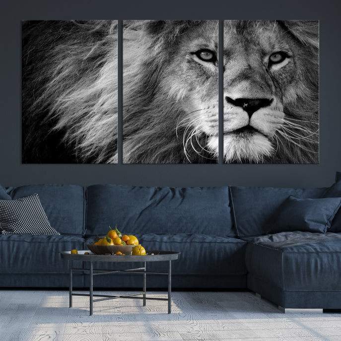 Large Black and White Lion Canvas Wall Art Print