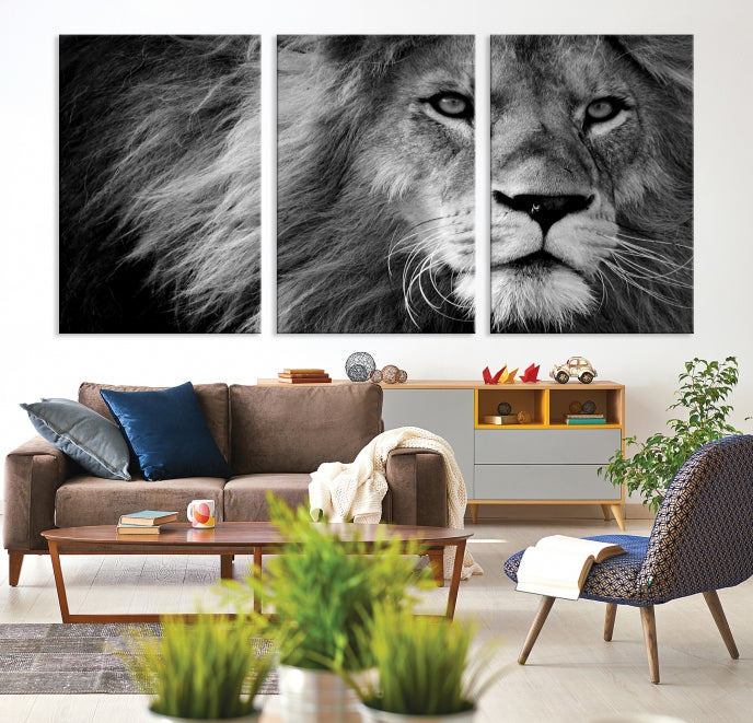 Large Black and White Lion Canvas Wall Art Print