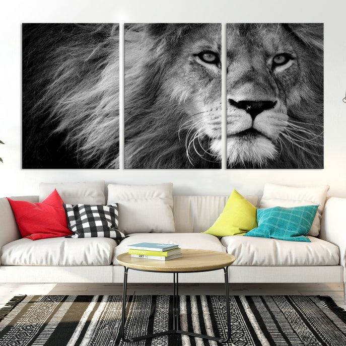 Large Black and White Lion Canvas Wall Art Print