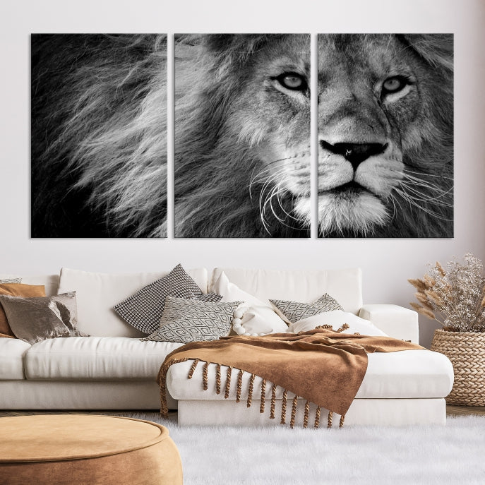 Large Black and White Lion Canvas Wall Art Print