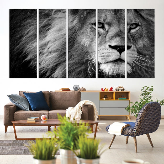 Large Black and White Lion Canvas Wall Art Print