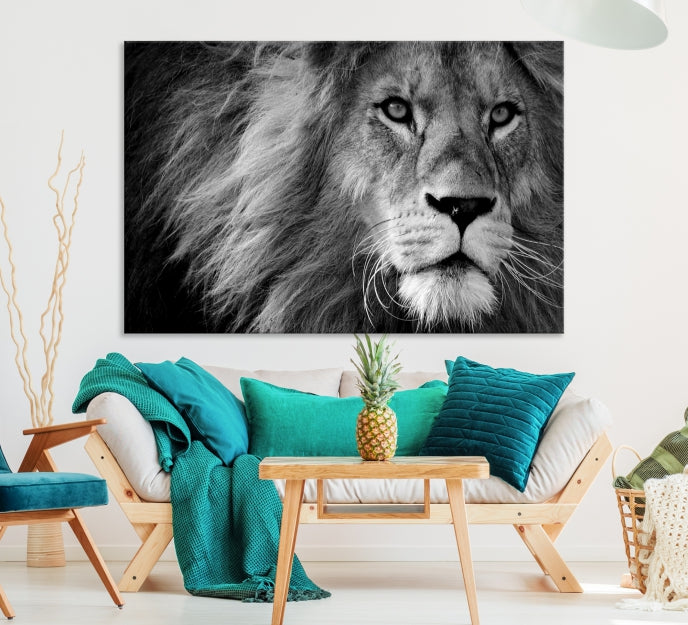 Large Black and White Lion Canvas Wall Art Print