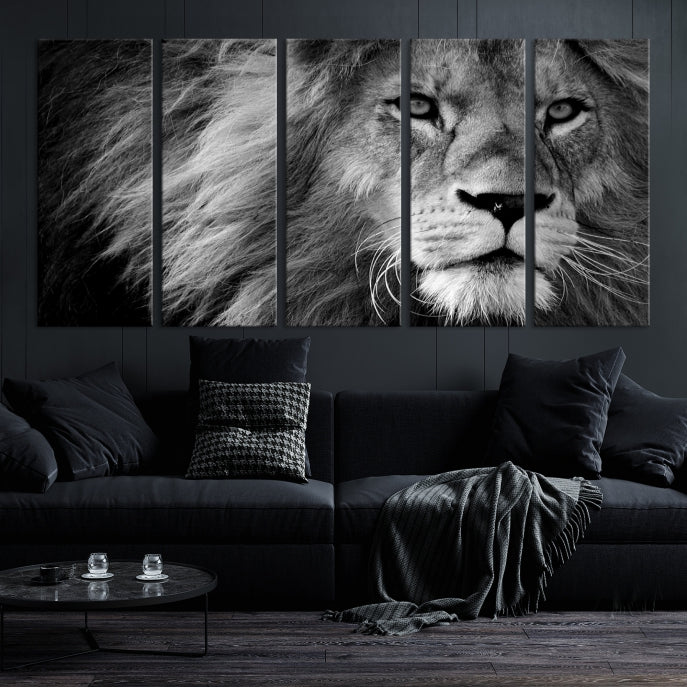 Large Black and White Lion Canvas Wall Art Print