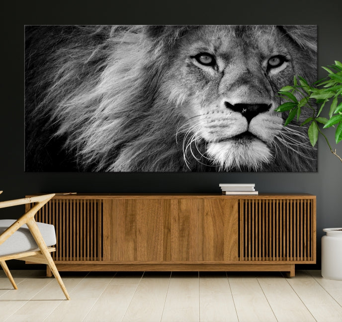 Large Black and White Lion Canvas Wall Art Print