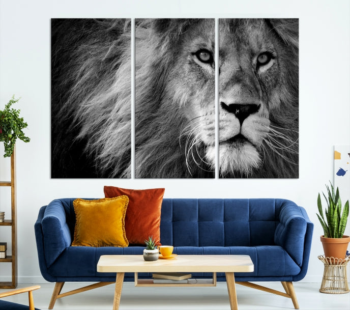 Large Black and White Lion Canvas Wall Art Print