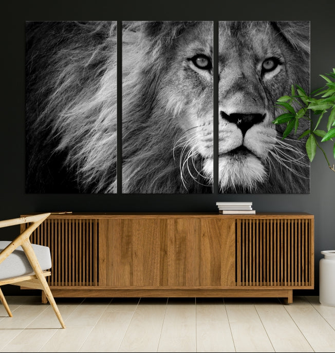 Large Black and White Lion Canvas Wall Art Print