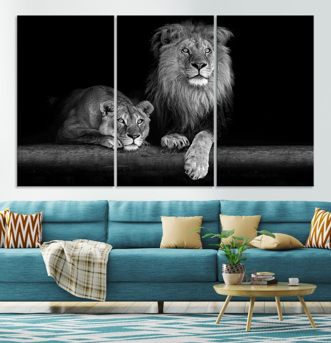 Large Black and White Lion Couple Wall Art Canvas Print