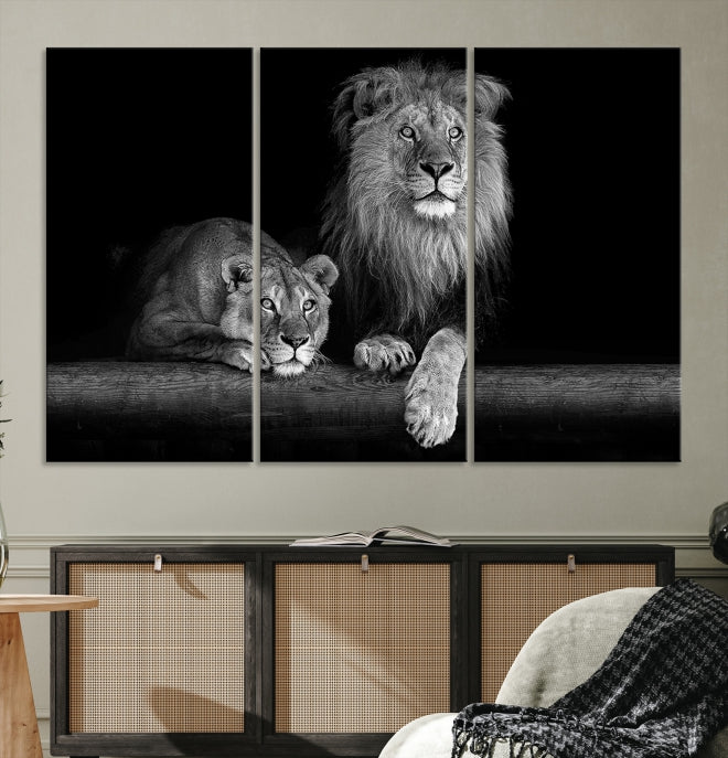 Large Black and White Lion Couple Wall Art Canvas Print