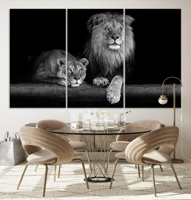 Large Black and White Lion Couple Wall Art Canvas Print