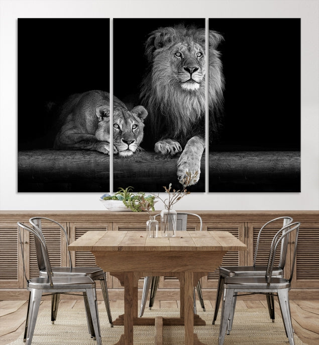 Large Black and White Lion Couple Wall Art Canvas Print