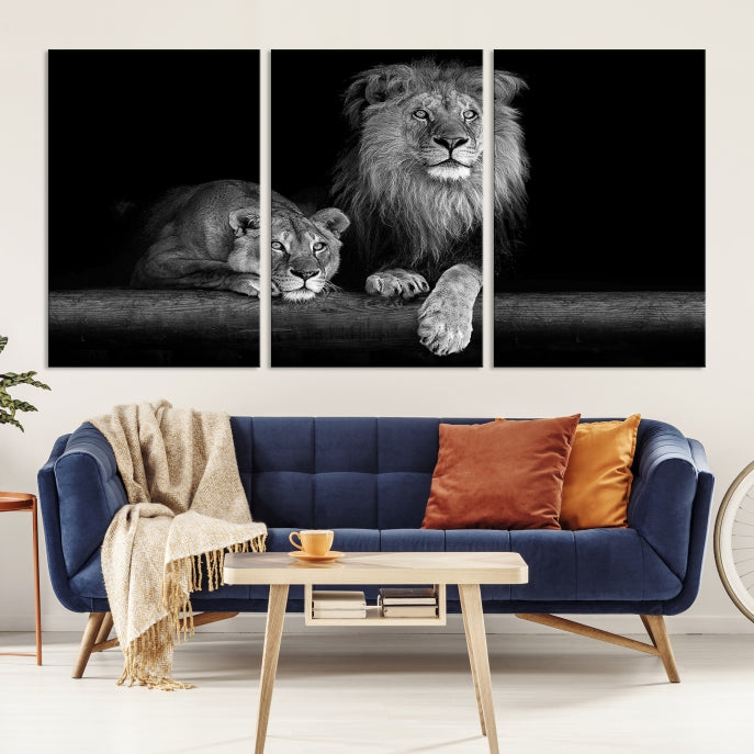 Large Black and White Lion Couple Wall Art Canvas Print