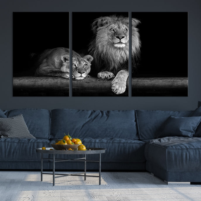 Large Black and White Lion Couple Wall Art Canvas Print