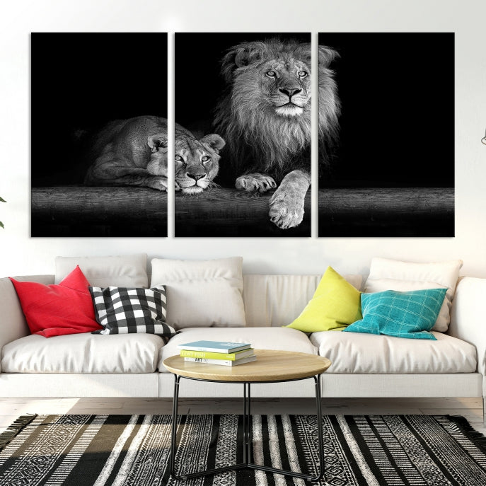 Large Black and White Lion Couple Wall Art Canvas Print