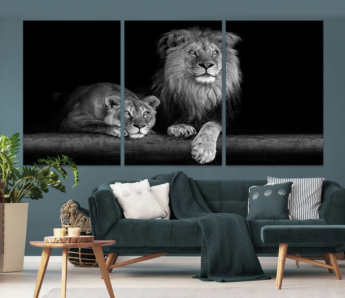 Large Black and White Lion Couple Wall Art Canvas Print