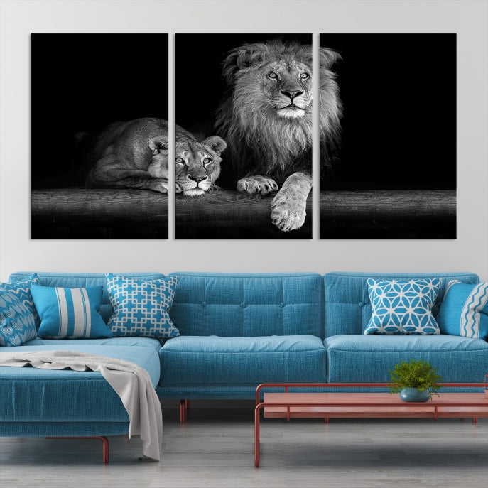 Large Black and White Lion Couple Wall Art Canvas Print