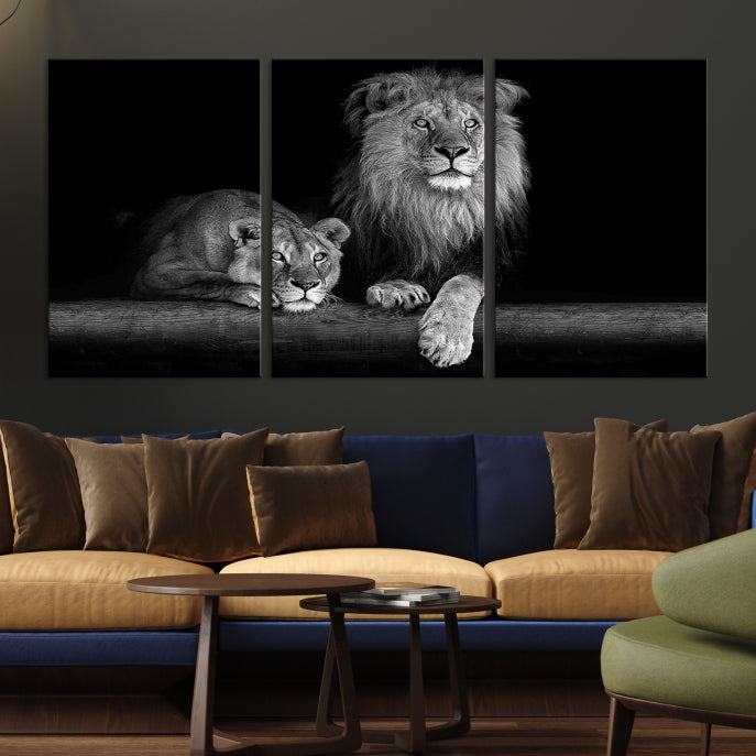 Large Black and White Lion Couple Wall Art Canvas Print