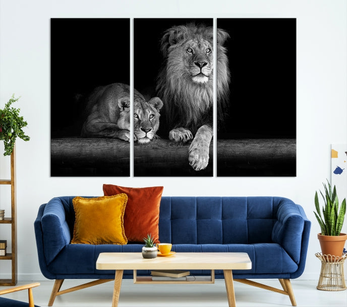 Large Black and White Lion Couple Wall Art Canvas Print