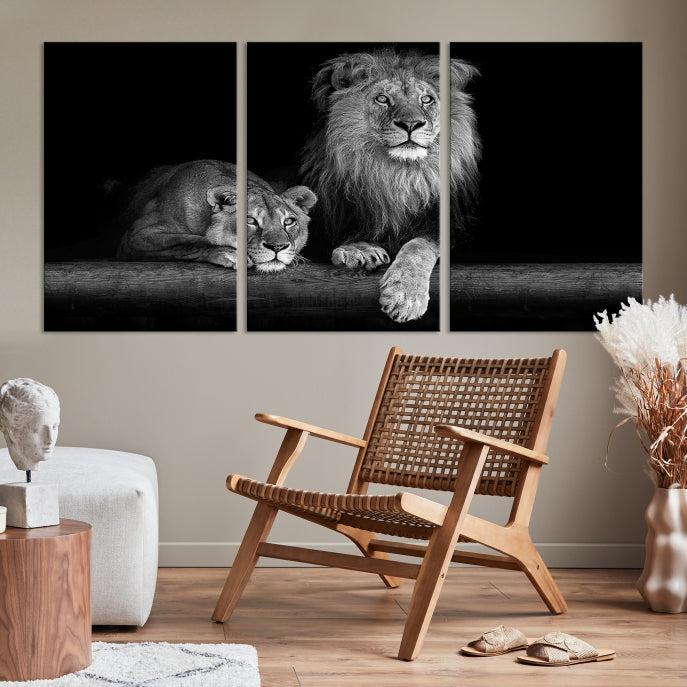 Large Black and White Lion Couple Wall Art Canvas Print