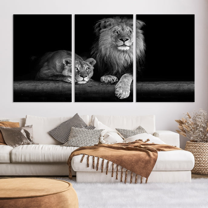 Large Black and White Lion Couple Wall Art Canvas Print