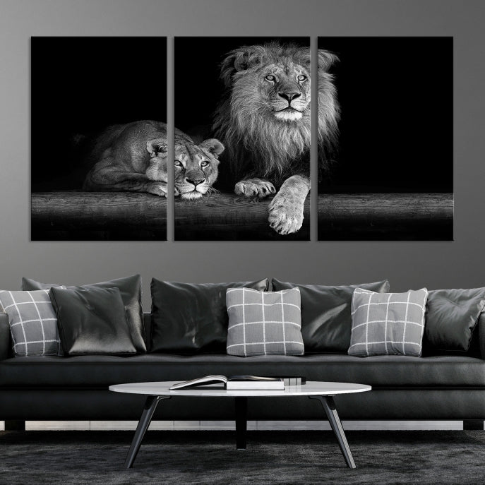 Large Black and White Lion Couple Wall Art Canvas Print