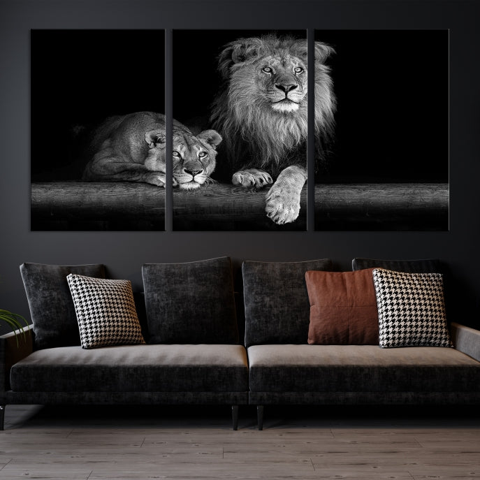 Large Black and White Lion Couple Wall Art Canvas Print