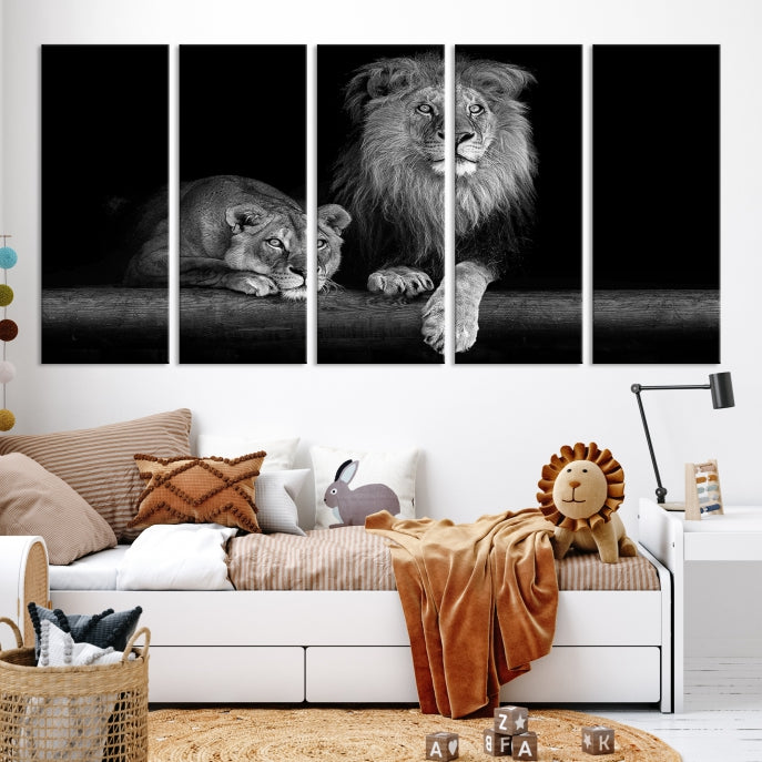 Large Black and White Lion Couple Wall Art Canvas Print