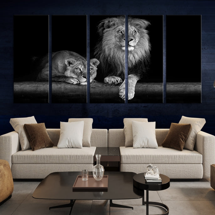 Large Black and White Lion Couple Wall Art Canvas Print