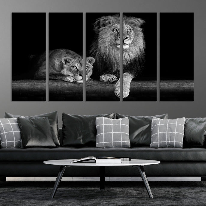 Large Black and White Lion Couple Wall Art Canvas Print