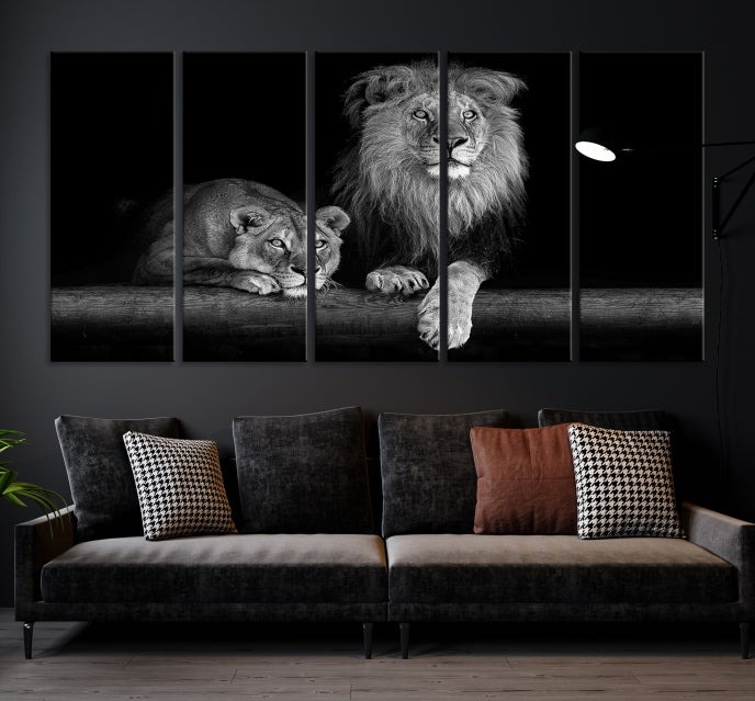 Large Black and White Lion Couple Wall Art Canvas Print