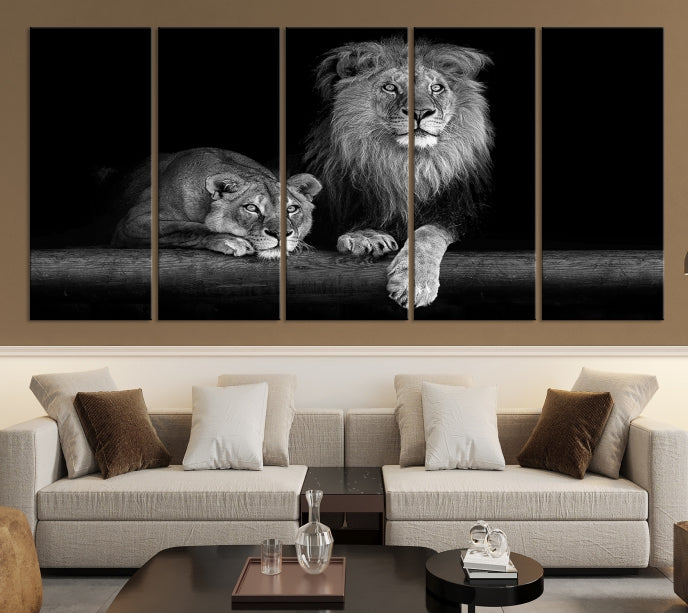 Large Black and White Lion Couple Wall Art Canvas Print